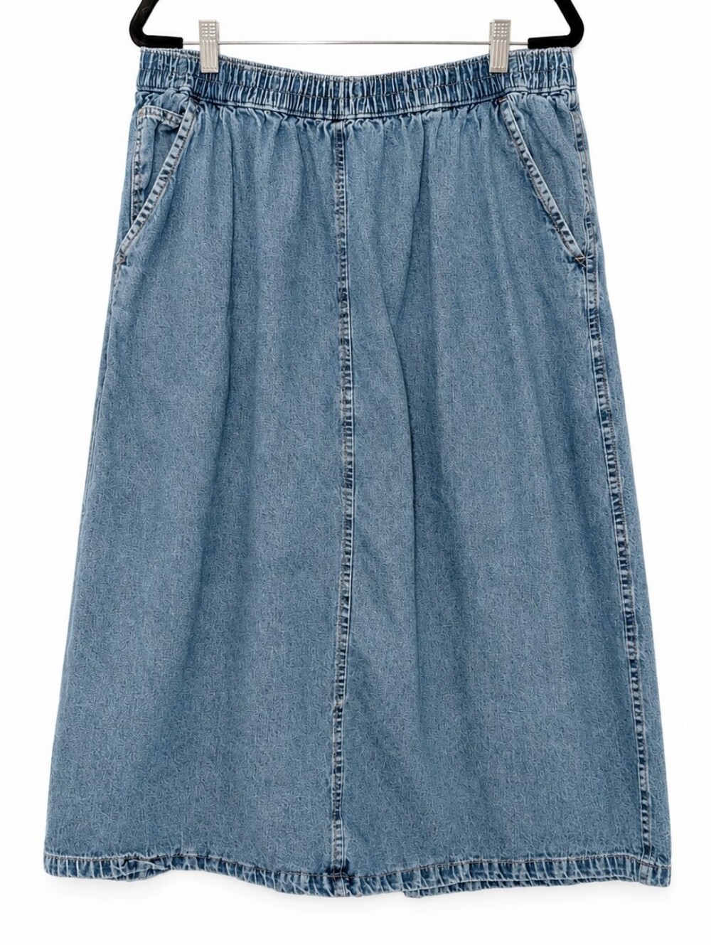 Vintage Elastic Waist Blue Denim Midi Skirt
